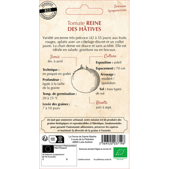 Tomate reine des hatives bio -ferme sainte marth de La Ferme de Sainte Marthe - Graines BIO dans Graines de Tomate
