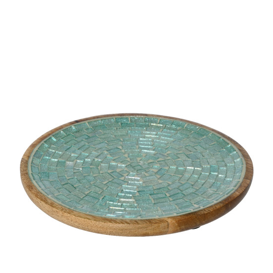 Assiette deco bois manguier mosaique bleu d30cm de Kaemingk - deco de la maison dans K002