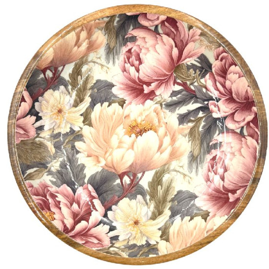 Plat bois manguier pivoines rose poudre d38cm de Jardinerie Bordeaux Libourne Gironde dans B1171