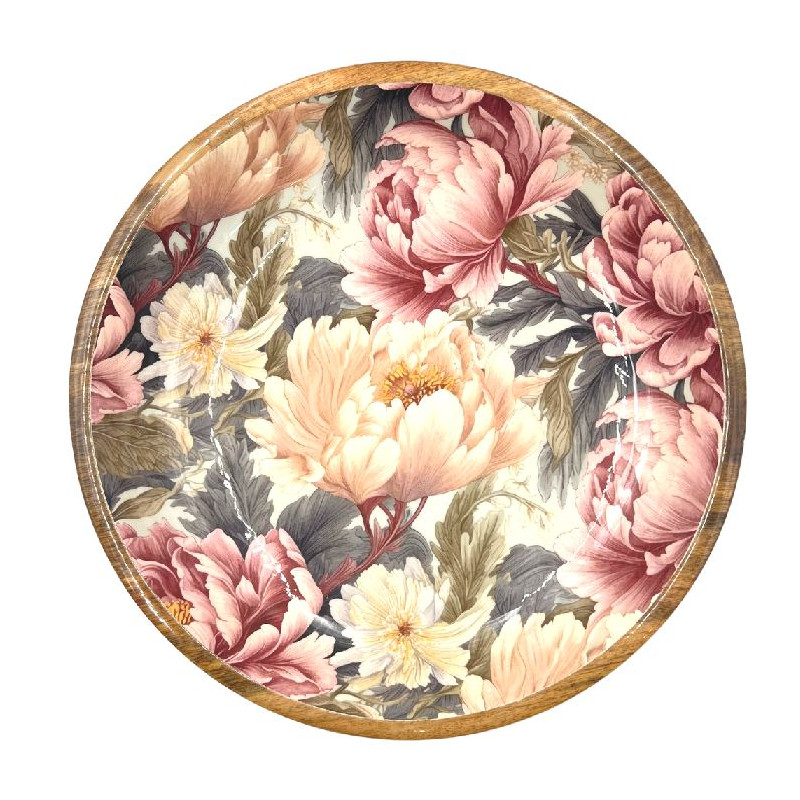 Plat bois manguier pivoines rose poudre d38cm de Jardinerie Bordeaux Libourne Gironde dans B1171