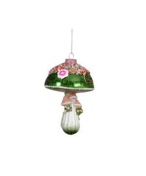 Champignon verre paillettes+perles vert 13.7cm de Kaemingk - deco de la maison dans K002
