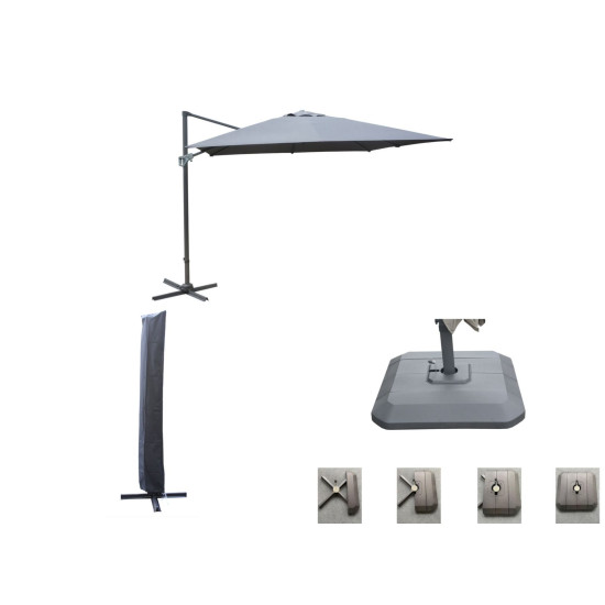 Parasol de Jardin 3x3m Inclinaison + Housse et Pied - Couleur Grise de Proloisirs - Océo - table et fauteuil et mobilier de j...