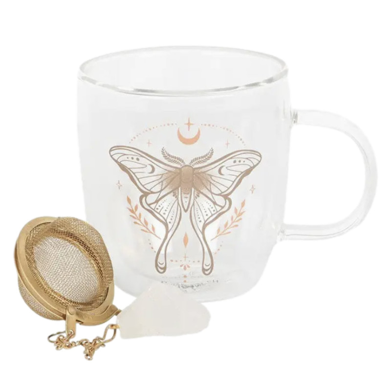 Tasse en verre double paroi avec infuseur de thé en cristal et motif de chauve-souris lunaie de Herboristerie et Esotérisme à...
