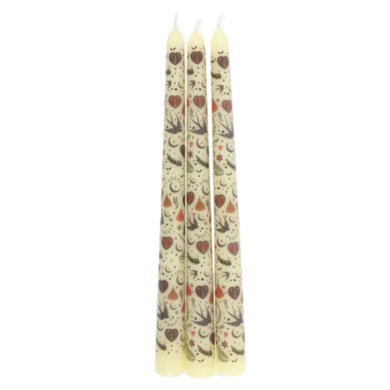 Ensemble de 3 bougies effilées à motif floral crème folk de Herboristerie et Esotérisme à Libourne dans S162