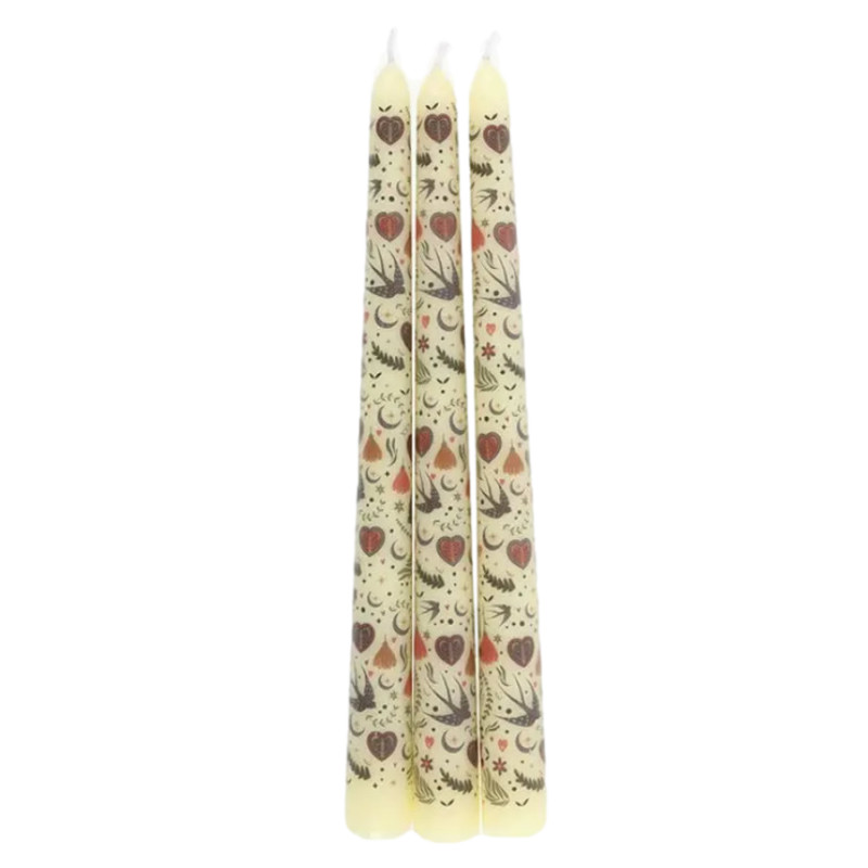 Ensemble de 3 bougies effilées à motif floral crème folk de Herboristerie et Esotérisme à Libourne dans S162