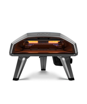 Four à pizza Ooni Koda 2 vue avant avec intérieur illuminé d'une lueur orange, brûleur à flamme visi