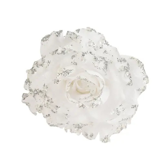 ROSE SUR CLIP AVEC PAILLETTES BLANC D14CM de Déco de Noël - Jardinerie Bordeaux et Libourne dans K004