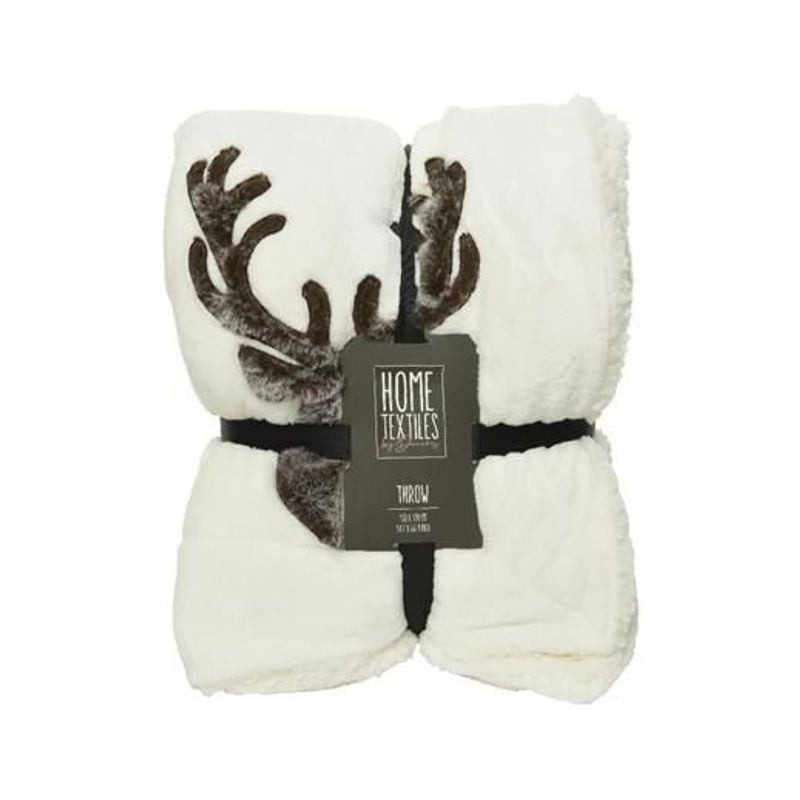 PLAID FLANELLE TETE RENNE BLANC CASSE 130X170CM de Kaemingk - deco de la maison dans 🛋️Coussin et plaid de Noël