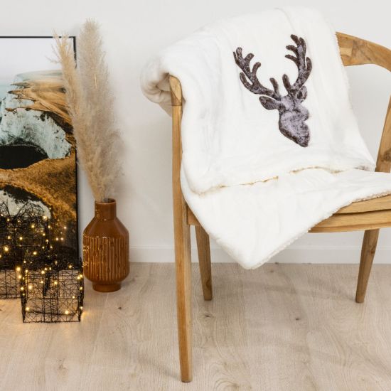 PLAID FLANELLE TETE RENNE BLANC CASSE 130X170CM de Kaemingk - deco de la maison dans 🛋️Coussin et plaid de Noël