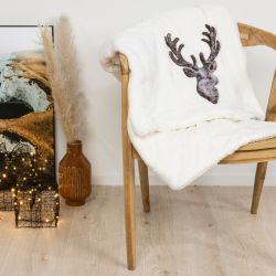 PLAID FLANELLE TETE RENNE BLANC CASSE 130X170CM de Kaemingk - deco de la maison dans 🛋️Coussin et plaid de Noël