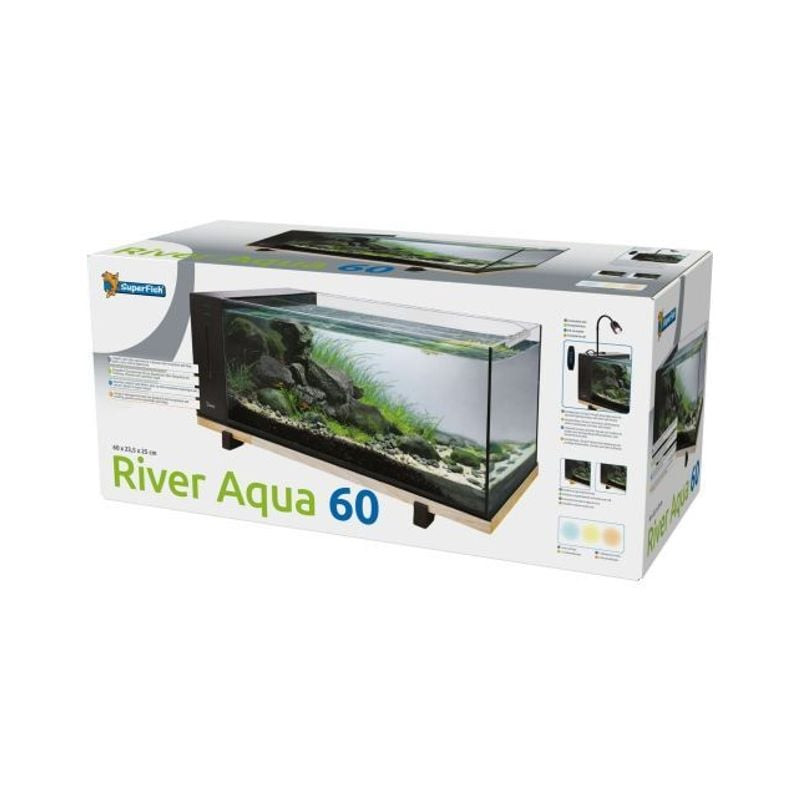 Aquarium paysager SuperFish River 60 sur socle en bois – effet rivière et courant de Superfish - Aquadistri - accessoires pou...