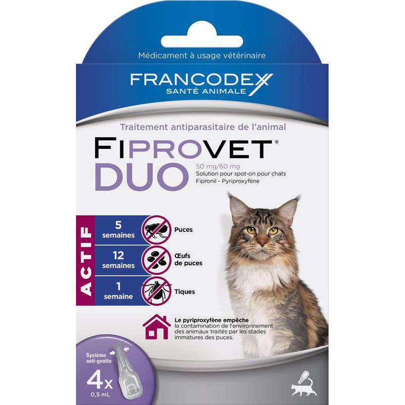 FIPROVET DUO 50 MG/60 MG-CHAT X4 de Francodex - anti puce et soin pour chien et chat dans Puces et tiques pour chats