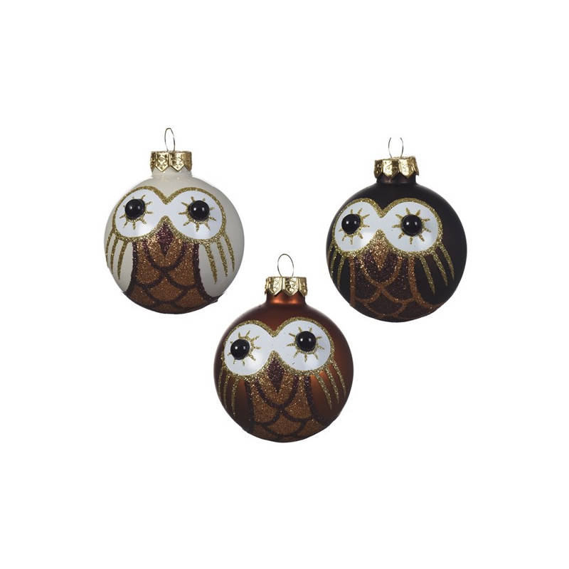 Boule en verre chouette 3 coloris ass d6cm de Kaemingk - deco de la maison dans Boule pour sapin de Noël