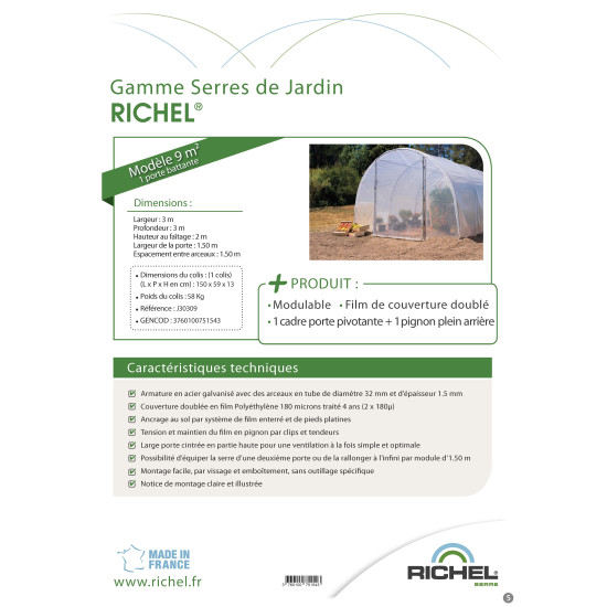 Serre 3x3m pied 1 porte-tube 32mm film 2*180µ de Richel - serres de jardin dans Serre souple