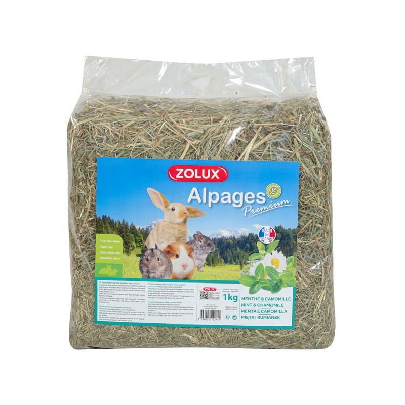 FOIN ALPAGES PREMIUM MENTHE/CAMOMILLE 1KG de Zolux - Produit pour animaux dans Nourriture pour rongeurs