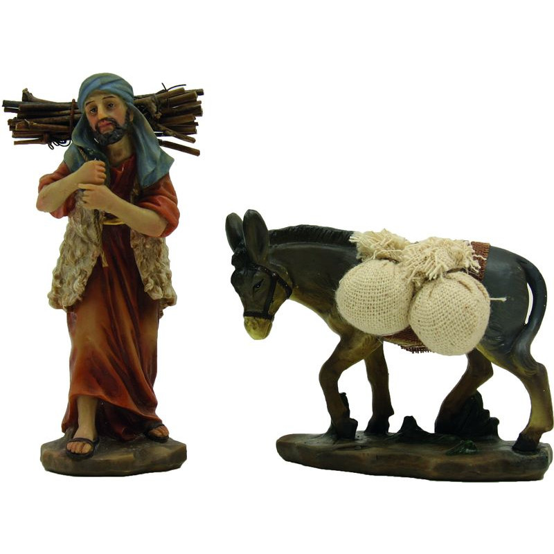 TRANSPORTEUR BOIS AVEC ANE 10CM de Dekoproject - Décoration de Noël en résine dans ⛲Santons de Provence